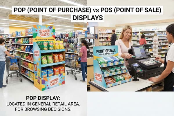 An image comparing Point of Purchase (POP) and Point of Sale (POS) retail displays. The left side shows a colorful 'Summer Snacks' POP display featuring Lay's chips and Palmer snacks in a supermarket aisle, with a shopper pushing a cart, illustrating displays for browsing decisions. The right side shows a 'Summer Snacks' POS display with gum, mints, and energy bars at a checkout counter, where a customer is paying a cashier, highlighting displays for impulse purchases.