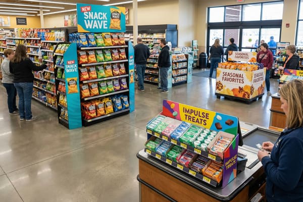 Interior of a bustling grocery store featuring a large 'NEW SNACK WAVE' display stocked with colorful bags of potato chips and snacks. Customers are browsing aisles, while another 'SEASONAL FAVORITES' display is visible near the entrance. A cashier is at the checkout counter, adjacent to an 'IMPULSE TREATS' stand filled with mints and candy bars.