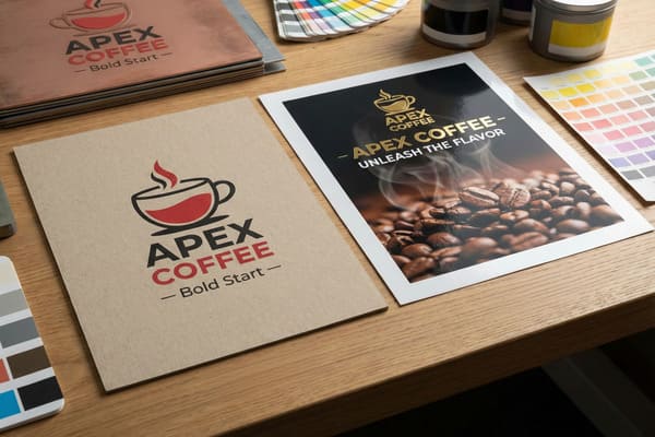 Two contrasting Apex Coffee branding print samples are displayed on a wooden desk, illustrating different printing costs and techniques. The low-cost option features a simple red and black coffee cup logo and 'Bold Start' text on a textured kraft paper background. The high-cost alternative showcases a luxurious golden Apex Coffee logo, 'Unleash the Flavor' slogan, and a detailed image of steaming coffee beans on a glossy black background with foil and UV finishes. Color swatches and ink cans are visible in the background, highlighting the design and printing process.