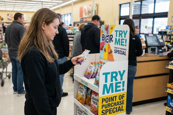 Une jeune femme vêtue d'un sweat-shirt noir tient un paquet violet de Jonny Snack et l'examine sur un présentoir bien en vue dans un supermarché. Le présentoir arbore les marques « BiAR » et « Jonny Snack » ainsi que les slogans « Goûtez-moi ! » et « Offre spéciale en caisse », attirant ainsi l'attention des clients dans ce magasin très fréquenté, à proximité des caisses.