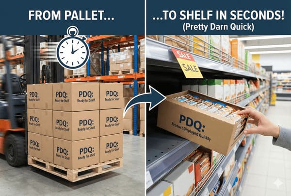 Warehouse pallet of PDQ boxes being quickly stocked on store shelf