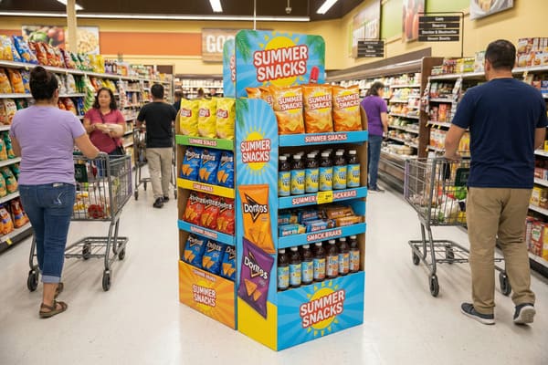 活気あふれる食料品売り場。中央には大きくカラフルな「サマースナック」のディスプレイがあり、レイズやドリトスなどのチップス、ボトル入りアイスティー、スナックバーなどが並んでいます。ショッピングカートを押した数人の買い物客が、通路の両側に並ぶ豊富な品揃えの棚で商品を眺めており、賑やかなスーパーマーケットの光景が広がっています。