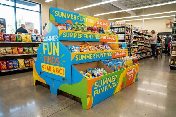A vibrant 'Summer Fun Finds - Grab & Go!' cardboard display in a brightly lit grocery store aisle, showcasing various snack bags like Doritos and Lay's, bottled beverages, and small novelty items. Shoppers are visible in the background browsing other shelves.