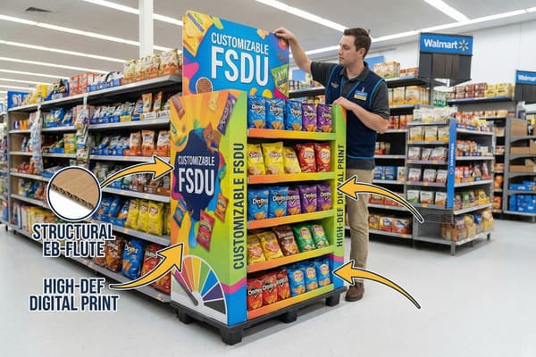 Ein individuell gestaltbares, farbenfrohes Verkaufsdisplay in einem Walmart-Markt, gefüllt mit Snacktüten wie Doritos und Lay's. Ein Walmart-Mitarbeiter justiert das obere Schild des Displays, das Merkmale wie die robuste EB-Welle, den hochauflösenden Digitaldruck, die Einhaltung der Händlerrichtlinien und eine Tragfähigkeit von 22,7 kg pro Regalboden für eine optimale Warenpräsentation hervorhebt.