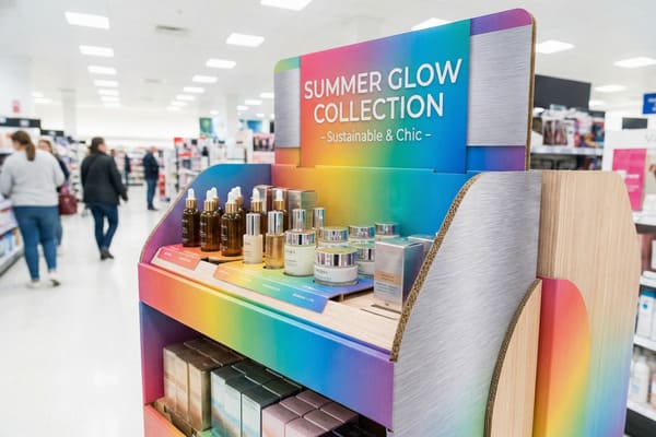 A colorful retail display stand featuring the 'Summer Glow Collection - Sustainable & Chic' beauty products, including skincare bottles, jars, and boxes. The stand has a vibrant rainbow gradient design, showcasing the collection in a bright store environment with blurred shoppers in the background.