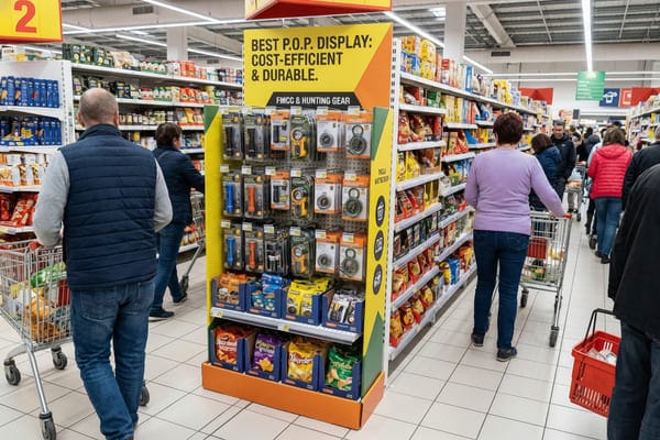 Ein belebter Supermarktgang mit zahlreichen Kunden, die sich die Produkte ansehen. Ein auffälliges gelb-oranges Verkaufsdisplay in der Mitte präsentiert Taschenlampen, Kompasse und Jagdausrüstung, während in den unteren Regalen Snacktüten zu finden sind. Kunden schieben Einkaufswagen und -körbe an Regalen vorbei, die unter hellem Neonlicht mit verschiedenen Lebensmitteln gefüllt sind.