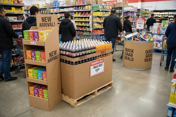 賑やかな食料品店の通路を映したワイドショット。複数の販促ディスプレイが設置されている。手前には、鮮やかな色彩の段ボールスタンドに「新入荷！」と書かれたスナック菓子の箱が並んでいる。その隣には、ファンタを含む様々なボトル飲料が大量に並べられた大型ディスプレイがあり、「サマーセール まとめ買い1.99ドル」と宣伝されている。通路の奥には、様々な商品が詰め込まれた大きな円筒形の箱があり、「クイックグラブセール」と表示されている。通路のいたるところに、カートを押した買い物客が、明るい蛍光灯の下、幅広い食品や家庭用品が並ぶ棚を見て回っている様子が見える。