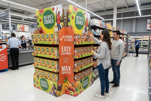 एक चमकदार रोशनी वाले सुपरमार्केट गलियारे में नेचर्स क्रंच उत्पादों का एक जीवंत प्रदर्शन, जिसमें रंग-बिरंगे स्नैक्स के डिब्बों से सजी कई अलमारियाँ हैं। धूसर स्वेटर पहने एक महिला किसी उत्पाद को लेने के लिए हाथ बढ़ा रही है, जबकि धूसर स्वेटशर्ट पहने एक पुरुष उसके बगल में खड़ा है। नारंगी और हरे रंग के प्रदर्शन में 'मज़बूत और स्थिर', 'आसान संयोजन' और 'अधिकतम दृश्यता' जैसे चिह्न हैं, और चारों ओर अंगूर, सेब और जामुन जैसे ताज़े फलों की तस्वीरें हैं। पृष्ठभूमि में, अन्य खरीदार और किराने की दुकानों के खंड दिखाई दे रहे हैं।