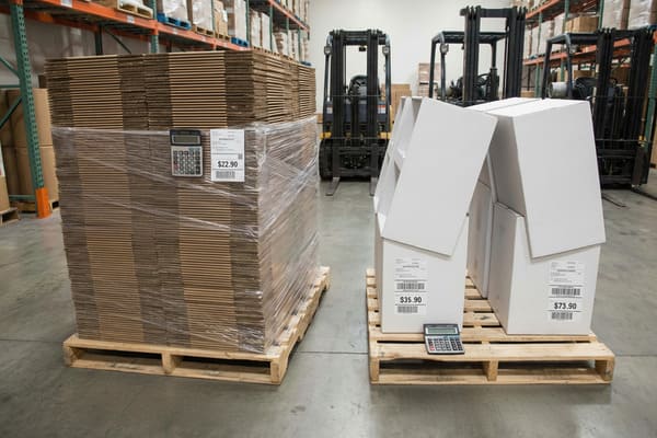 Comparison of shipping costs in a warehouse, showing a pallet with a high volume of flat-packed brown cardboard boxes wrapped in plastic, with a calculator and a label indicating $22.99, labeled 'HIGH VOLUME, LOW SHIPPING COST'. Next to it, a pallet with a low volume of bulky white assembled boxes, also with a calculator and labels showing $35.90 and $73.90, labeled 'LOW VOLUME, HIGH SHIPPING COST'. Forklifts and warehouse shelving are in the background.