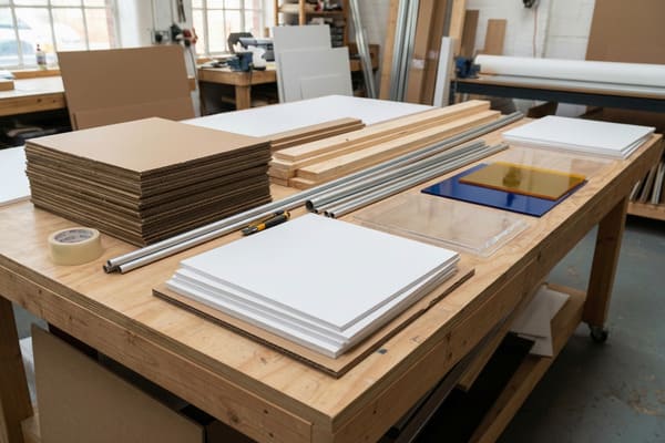 A well-lit workshop workbench featuring a variety of crafting and packaging materials, including a large stack of brown corrugated cardboard sheets, several stacks of white foam core boards, various lengths of light-colored wooden planks, silver metal tubes, a roll of masking tape, a utility knife, and clear, blue, and yellow acrylic sheets. The background shows large windows and other workshop equipment, suggesting a creative or industrial environment.