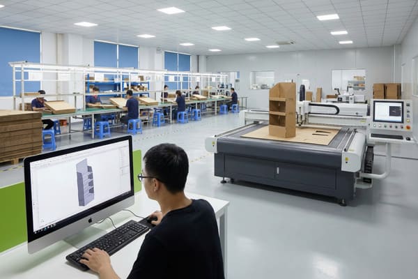 A wide shot of a modern cardboard packaging and display manufacturing facility. In the foreground, a designer works on a computer showing a 3D model of a multi-shelf cardboard display stand. In the mid-ground, a large flatbed digital cutting machine processes cardboard sheets, with a partially assembled brown cardboard display stand on its bed. In the background, multiple workers are manually assembling cardboard boxes and displays at long green workbenches under bright overhead lighting. The factory features blue window blinds and a clean, organized environment, showcasing the entire production process from design to assembly.