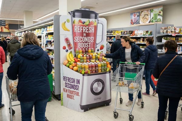 Dans un rayon de supermarché, une femme prend une bouteille de smoothie « Fruitful Boost » sur un présentoir publicitaire imposant et attrayant en forme de mixeur. Le présentoir regorge de fruits frais comme des bananes, des pommes et des baies, ainsi que de nombreuses bouteilles de smoothie colorées, vantant le slogan « Rafraîchissez-vous en quelques secondes ! Nouveau Fruitful Boost ». D'autres clients et les rayons du supermarché sont visibles en arrière-plan.