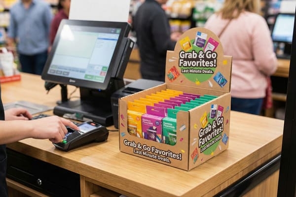 Die Hände eines Kunden bedienen ein Zahlungsterminal an der Kasse eines modernen Supermarkts. Im Hintergrund ist ein Touchscreen-Kassensystem zu sehen. Ein auffälliger Karton mit der Aufschrift „Lieblingsprodukte zum Mitnehmen! Last-Minute-Angebote“ ist gefüllt mit farbenfrohen, einzeln verpackten Snacks und kleinen Artikeln, die strategisch platziert sind, um Spontankäufe anzuregen. Verschwommene Umrisse anderer Kunden im Hintergrund deuten auf ein geschäftiges Treiben im Supermarkt hin.