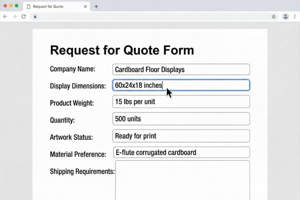 A detailed 'Request for Quote Form' displayed in a web browser, filled out with specifications for custom cardboard floor displays. The form shows 'Company Name: Cardboard Floor Displays', 'Display Dimensions: 60x24x18 inches', 'Product Weight: 15 lbs per unit', 'Quantity: 500 units', 'Artwork Status: Ready for print', 'Material Preference: E-flute corrugated cardboard', and 'Shipping Requirements: Palletized to zip code 90210'. A mouse cursor hovers over the dimensions field, highlighting the data entry.