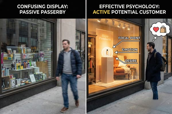 Side-by-side comparison of retail window displays: on the left, a cluttered, unorganized storefront with various products and a blurred man walking past, labeled 'Confusing Display: Passive Passerby'. On the right, an 'Effective Psychology' display features a minimalist setup with a single perfume bottle as a focal point, an inviting armchair, and a man actively observing with thought bubbles indicating desire (heart and shopping bag), illustrating an active potential customer. Arrows highlight 'Focal Point', 'Emotion', and 'Desire' in the effective display.