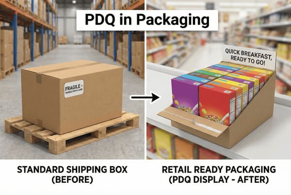 Packaging transition from standard shipping box to retail-ready PDQ cereal display