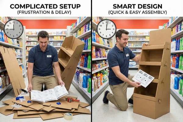 A side-by-side comparison illustrating the difference between complicated and smart retail display assembly. The left panel shows a frustrated store employee surrounded by numerous unassembled cardboard pieces, tools, and a thick instruction manual, with a clock indicating 45 minutes for a 'complicated setup'. The right panel features a smiling employee effortlessly assembling a pre-folded, pop-up cardboard display in a store aisle, holding simple 3-step instructions, with a clock showing 15 minutes for 'smart design' and 'quick & easy assembly'.