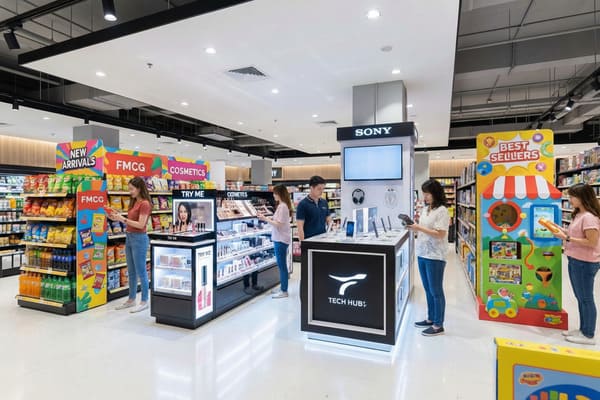 Innenansicht eines modernen Supermarkt- oder Kaufhausgangs mit vielfältigen Produktabteilungen. Kunden stöbern an einem Sony Tech Hub-Display nach Snacks, Kosmetikartikeln und Elektronik. Der Gang umfasst Neuheiten im Bereich Konsumgüter, einen Kosmetik-Teststand und eine Spielzeugabteilung mit Bestsellern – alles unter heller Verkaufsbeleuchtung.