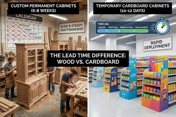 A side-by-side comparison image illustrating the lead time difference between custom permanent wood cabinets and temporary cardboard retail display units. The left side shows a woodworking shop with artisans crafting ornate wooden cabinets, a calendar indicating a 6-8 week process for 'CUSTOM PERMANENT CABINETS' with 'SLOW & STEADY CRAFTSMANSHIP'. The right side depicts a bright retail store aisle with colorful, branded cardboard point-of-purchase displays filled with products, a timeline graphic showing 'TEMPORARY CARDBOARD CABINETS (10-12 DAYS)' and a sign for 'RAPID DEPLOYMENT'. The central text reads: 'THE LEAD TIME DIFFERENCE: WOOD VS. CARDBOARD'.