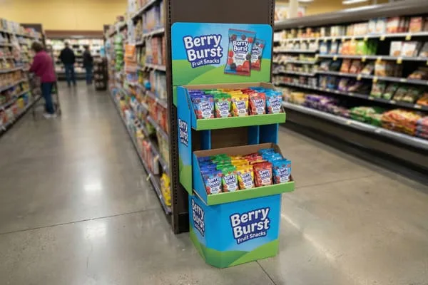 Dans une allée bien éclairée d'un supermarché, un présentoir promotionnel pour les sachets de fruits Berry Burst expose différents sachets colorés sur deux étagères à plusieurs niveaux. Le présentoir est bleu et vert, orné du logo Berry Burst. À l'arrière-plan flou, on aperçoit d'autres rayons et des clients.