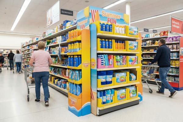 A vibrant supermarket aisle featuring a large 'Summer FUN' promotional display, stocked with various sunscreens, beach towels, and inflatable pool toys. Shoppers with carts are visible in the brightly lit store, browsing products on the shelves.