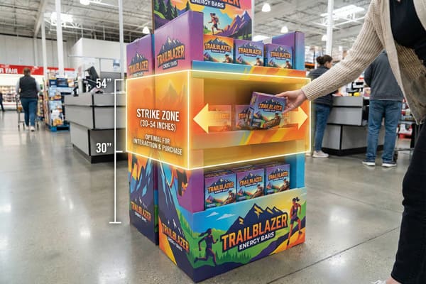 A detailed view of a Trailblazer Energy Bars point-of-purchase display in a bustling retail environment, possibly a warehouse club. A person's hand is shown selecting a purple box of energy bars from the illuminated 'Strike Zone' shelf, which is labeled as 'Optimal for Interaction & Purchase' between 30-54 inches from the floor. The display itself is colorful, adorned with illustrations of mountains and active individuals, promoting an adventurous lifestyle. Other shoppers and checkout lanes are visible in the blurred background.