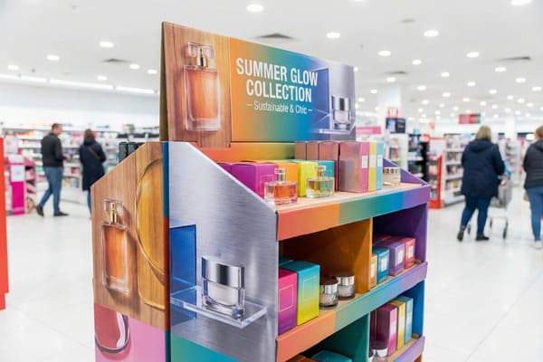 What materials are used in the display stands for cosmetics?