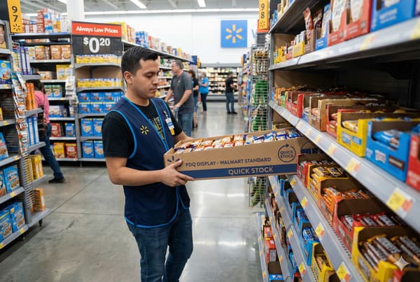 Молодой сотрудник Walmart в синем жилете с логотипом Walmart расставляет товары на полках продуктового отдела. Он держит картонную коробку с надписью «PDQ DISPLAY – WALMART STANDARD QUICK STOCK», наполненную индивидуально упакованными закусками или шоколадными батончиками. На заднем плане видны другие покупатели, ярко освещенные проходы и табличка «Всегда низкие цены – 20 центов», подчеркивающая эффективную работу магазина и доступность товаров.