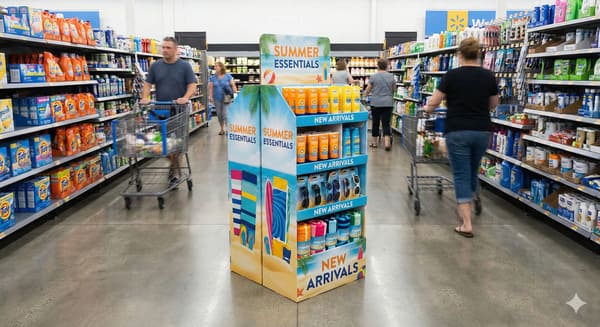 Center aisle summer essentials display with sunscreen, sunglasses, and towels