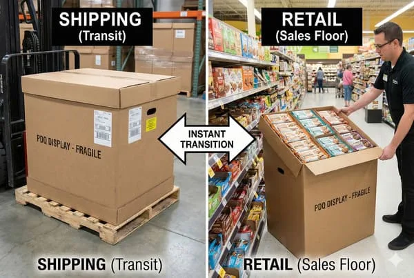 एक विभाजित चित्र एक पीडीक्यू (प्रिटी डर्न क्विक) डिस्प्ले बॉक्स के शिपिंग से लेकर रिटेल तक के सफ़र को दर्शाता है। बाईं ओर एक बड़े, सीलबंद भूरे रंग के कार्डबोर्ड बॉक्स को दिखाया गया है जिस पर 'पीडीक्यू डिस्प्ले - नाज़ुक' लिखा है, जो एक गोदाम में लकड़ी के फूस पर रखा है, जो पारगमन का संकेत देता है। दाईं ओर वही बॉक्स दिखाया गया है, जो अब खुला है और विभिन्न स्नैक उत्पादों से भरा है, और एक रिटेल सेल्स फ्लोर पर रखा है, जहाँ एक स्टोर कर्मचारी उसे एडजस्ट कर रहा है, जो शिपिंग कंटेनर से तैयार रिटेल डिस्प्ले में तत्काल बदलाव को दर्शाता है।