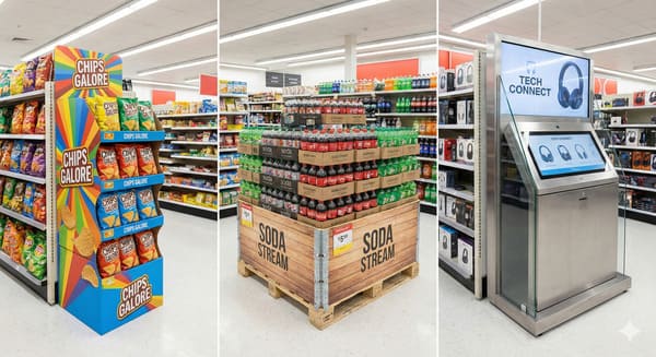 Colorful retail endcap displays for chips, soda, and tech accessories in store aisle