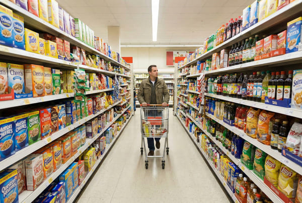 Man pushing cart down fully stocked grocery aisle filled with breakfast items