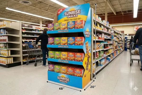 Un présentoir Sunrise Snacks aux couleurs bleu et jaune éclatantes, mesurant 183 cm de haut, 122 cm de large et 51 cm de profondeur, met en valeur plusieurs saveurs de barres de céréales dans une allée lumineuse d'un supermarché. Le présentoir arbore le slogan « Sunrise Snacks – De l'énergie pour votre journée » et des étiquettes « NOUVEAU ! » sur certaines boîtes. On aperçoit en arrière-plan des clients avec leurs chariots, parcourant d'autres rayons proposant divers produits.