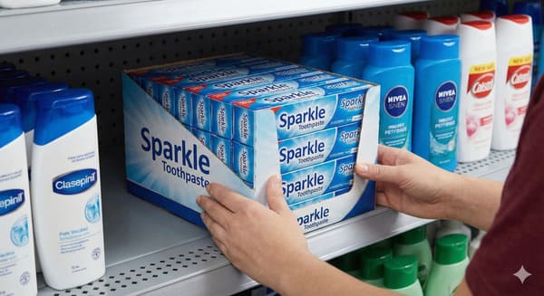 Close-up of Sparkle toothpaste PDQ tray being stocked on health aisle shelf