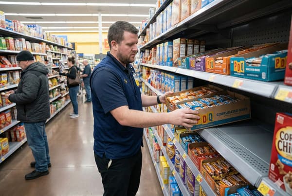 Сотрудник Walmart в синей рубашке-поло старательно расставляет коробки с «гофрированными батончиками» на полках в хорошо освещённом проходе продуктового магазина. На заднем плане другие покупатели рассматривают различные продукты, подчёркивая оживлённость торгового зала.