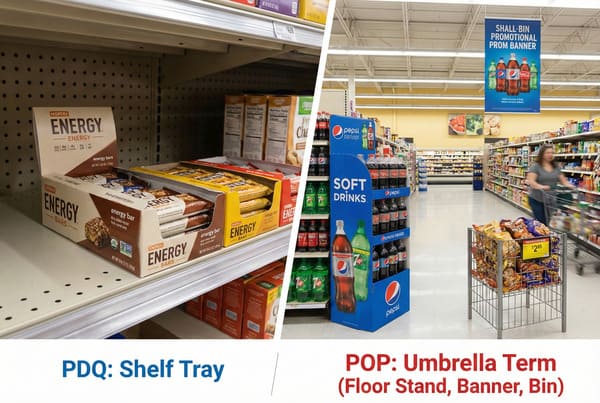 Split image showing two types of retail displays: on the left, 'Energy' brand energy bars are neatly arranged in a shelf tray (PDQ) on a white grocery store shelf; on the right, a wider view of a supermarket aisle features a blue Pepsi 'Soft Drinks' floor stand, a 'Shall-Bin Promotional Prom Banner' hanging from the ceiling, and a metal wire bin display filled with various snack bags, illustrating different Point of Purchase (POP) display types.