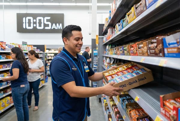 A smiling male Walmart employee in a blue vest efficiently stocks shelves with snack bars from a 'PDQ - Quick Stock' box in a brightly lit grocery aisle. The digital clock on the wall reads 10:05 AM, and other shoppers are visible in the background, browsing products.