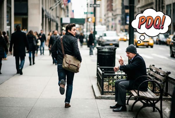Молодой человек с коричневой сумкой-мессенджером быстро идет по оживленному городскому тротуару, оглядываясь назад, в то время как пожилой мужчина в темной шапке и пальто сидит на общественной скамейке, поглядывая на свои наручные часы с облачком мыслей «PDQ!», что выражает нетерпение или потребность в скорости в оживленной городской уличной среде с автомобилями на заднем плане.