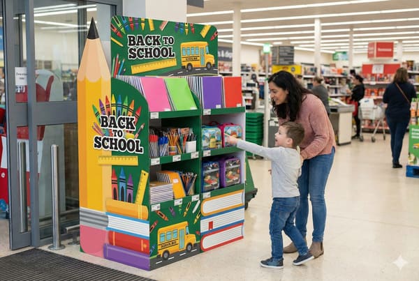 スーパーマーケットのカラフルな「新学期」ディスプレイに並んだ学用品を、幼い男の子が興奮気味に指差す。母親が彼を見下ろして微笑んでいる。ディスプレイには巨大な黄色い鉛筆、スクールバスの絵、クレヨン、定規、そしてノート、ペン、お弁当箱がぎっしりと並んだ棚が並び、新学期の買い物を盛り上げている。