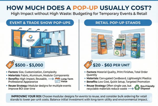 An infographic titled 'How Much Does a Pop-Up Usually Cost?' comparing budgeting for temporary events & retail. It details Event & Trade Show Pop-ups, costing $500-$3,000, made of fabric and aluminum, offering high impact and reusability for long-term value through modular designs. It also covers Retail Pop-up Stands, costing $20-$60 per unit, made of corrugated cardboard, offering low cost, quick setup, and eco-friendly disposal with recyclable materials. The infographic advises improving ROI by choosing modular designs for events and bulk ordering for retail.