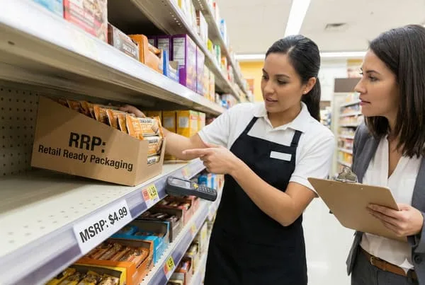 काले एप्रन पहने एक स्टोर कर्मचारी सुपरमार्केट की शेल्फ पर रखे 'आरआरपी: रिटेल रेडी पैकेजिंग' स्नैक्स के डिब्बे की ओर इशारा कर रहा है, जबकि ब्लेज़र पहने एक महिला मैनेजर क्लिपबोर्ड पकड़े उसे देख रही है। शेल्फ पर MSRP: $4.99 का मूल्य टैग लगा है, जो खुदरा परिवेश में उत्पाद प्लेसमेंट, इन्वेंट्री या मर्चेंडाइजिंग के बारे में चर्चा का संकेत देता है।