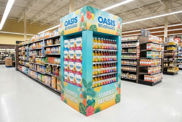 Tropical-themed beverage display with Oasis drinks in corner of grocery aisle
