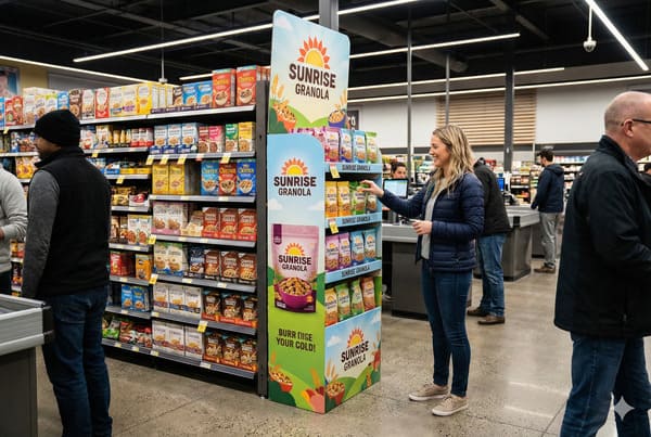 青いジャケットを着た笑顔の女性が、明るい食料品店の通路で目立つ「サンライズ グラノーラ」のプロモーション用陳列台から商品を選んでいる。背景にはシリアルの棚と他の買い物客が見える。