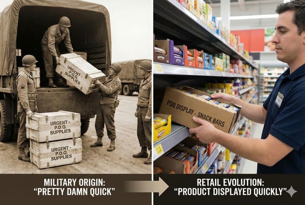 Разделённое изображение, иллюстрирующее эволюцию аббревиатуры PDQ. Слева три солдата в винтажной военной форме переносят деревянные ящики с надписью «СРОЧНО — ПОСТАВКИ PDQ» рядом с военным грузовиком и надписью «ВОЕННОЕ ПРОИСХОЖДЕНИЕ: «ДОВОЛЬНО БЫСТРО». Справа продавец в синей рубашке-поло выкладывает на полку супермаркета картонную коробку с надписью «ВЫСТАВКА PDQ — ЗАКУСОЧНЫЕ» и надписью «РАЗВИТИЕ РОЗНИЧНОЙ ТОРГОВЛИ: «ПРОДУКТ ВЫСТАВЛЕН БЫСТРО». Стрелка соединяет две сцены, показывая историческое и современное использование аббревиатуры PDQ.