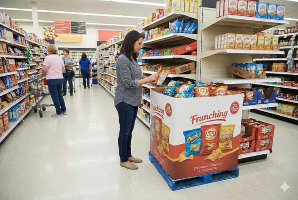 A woman in a grey long-sleeve shirt and blue jeans selects a bag of chips from a large 'Frunching' promotional display, featuring brands like Lay's, Cheetos, and Fritos, in a brightly lit grocery store aisle. Other shoppers and fully stocked shelves of various packaged goods are visible in the background.