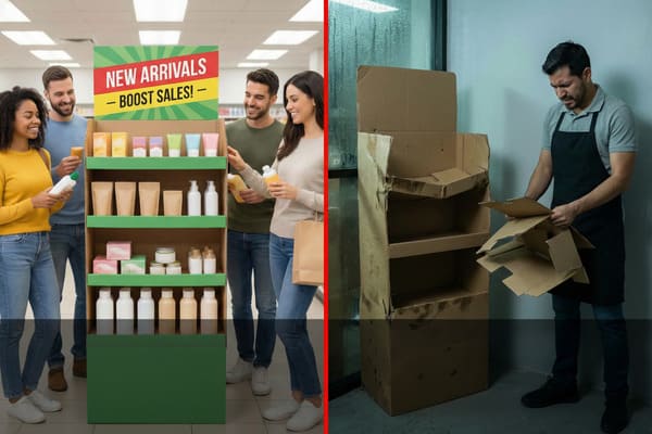 A split image contrasting a successful retail display with a damaged one. On the left, four diverse, smiling customers happily browse new arrival products on a vibrant green and brown cardboard display stand with a 'NEW ARRIVALS - BOOST SALES!' sign in a bright store. On the right, a frustrated male employee inspects a severely damaged, empty, and wet cardboard display stand in a dimly lit backroom, highlighting the impact of product display quality.