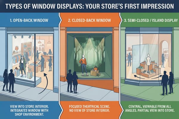 An infographic illustrating three types of retail window displays: 1. Open-back window showing the full store interior with mannequins and clothing racks, integrating the display with the shop environment. 2. Closed-back window featuring a focused, theatrical scene with a single mannequin against a forest backdrop, blocking the view of the store interior. 3. Semi-closed or island display presenting a central, tiered product arrangement with a torso mannequin, viewable from all angles with a partial view into the store.
