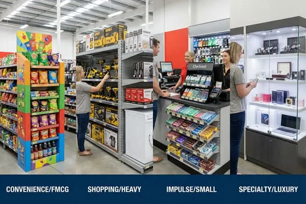 চারটি স্বতন্ত্র শপিং জোনে বিভক্ত একটি আধুনিক খুচরা দোকানের একটি বিস্তৃত দৃশ্য: স্ন্যাকস এবং পানীয় সহ একটি রঙিন সুবিধা/FMCG ডিসপ্লে, পাওয়ার টুল এবং হার্ডওয়্যার সহ একটি ভারী শপিং এরিয়া, গ্রাহক এবং ক্যাশিয়ার সহ একটি ইমপালস/ছোট ক্রয় চেকআউট কাউন্টার এবং ঘড়ি, সুগন্ধি এবং উচ্চমানের ইলেকট্রনিক্স প্রদর্শনকারী একটি বিশেষ/বিলাসিতা বিভাগ।