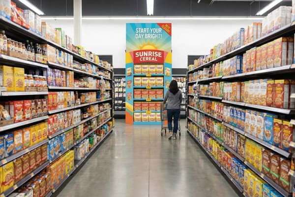 Широкий продуктовый магазин с высокими полками, заполненными разноцветными коробками с хлопьями, включая Cheerios, по обеим сторонам. Человек сзади, в джинсах и сером топе, катит металлическую тележку по центру прохода. В дальнем конце – заметный сине-жёлтый рекламный стенд «Sunrise Cereal» с изображением солнца и слоганом «НАЧНИТЕ СВОЙ ДЕНЬ ЯРКО!» с выделенным «НОВЫМ ВКУСОМ!».