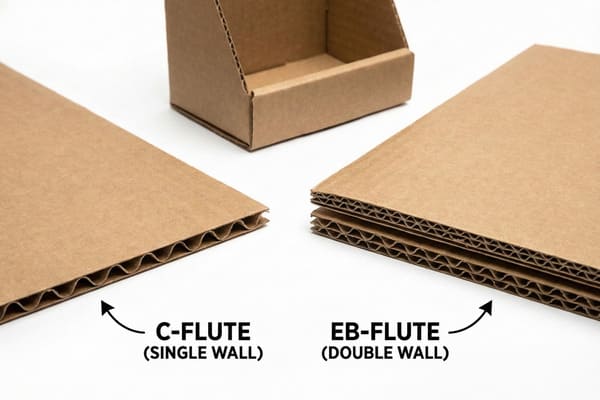 Detailed comparison of C-flute (single wall) and EB-flute (double wall) corrugated cardboard, showcasing their distinct flute profiles and construction. The C-flute features a single layer of corrugated medium, while the EB-flute displays two layers for enhanced strength and cushioning, ideal for various packaging applications. A small brown cardboard box is in the background, illustrating a finished product.
